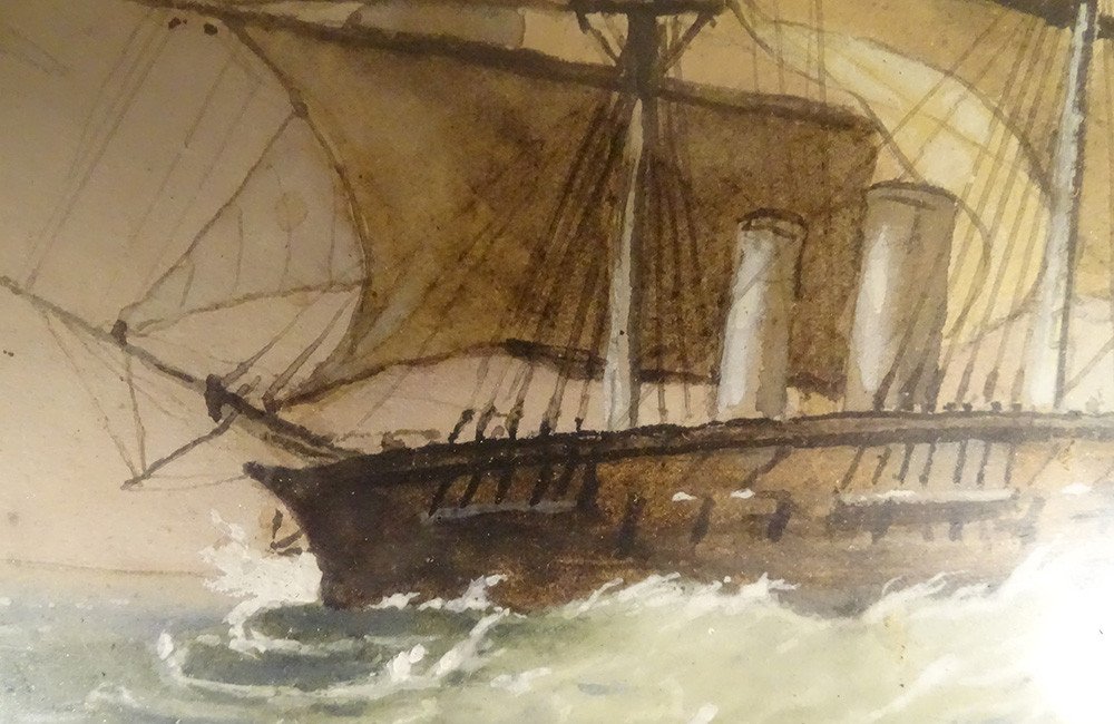 Aquarelle Marine Bateau Navire Trois-mâts Cadre Doré Anglais XIXème Siècle-photo-2