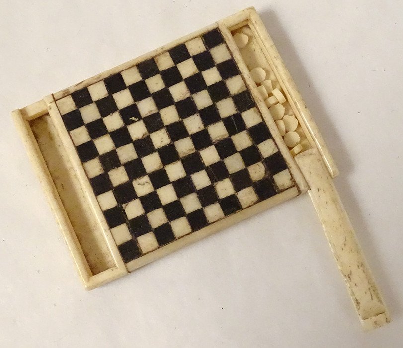 Miniature Checkers Game Checkerboard Tokens Carved Bone 19th Century