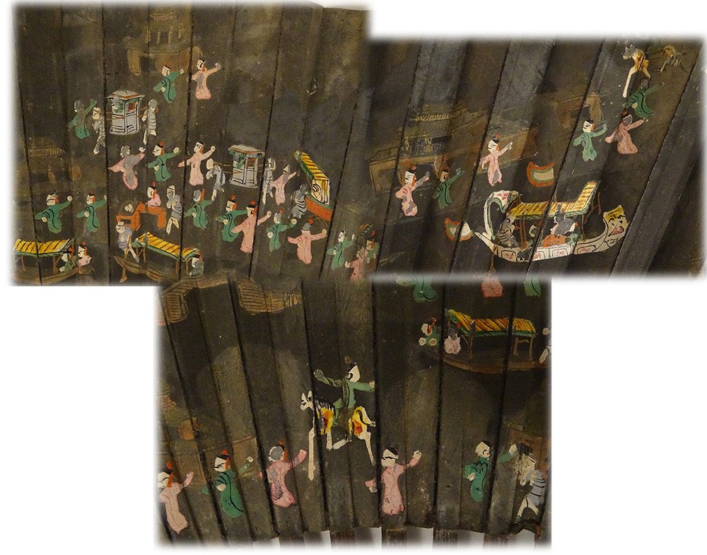 Painted Lacquered Fan Chinese Characters Boats Dragon Riders China 19th-photo-5
