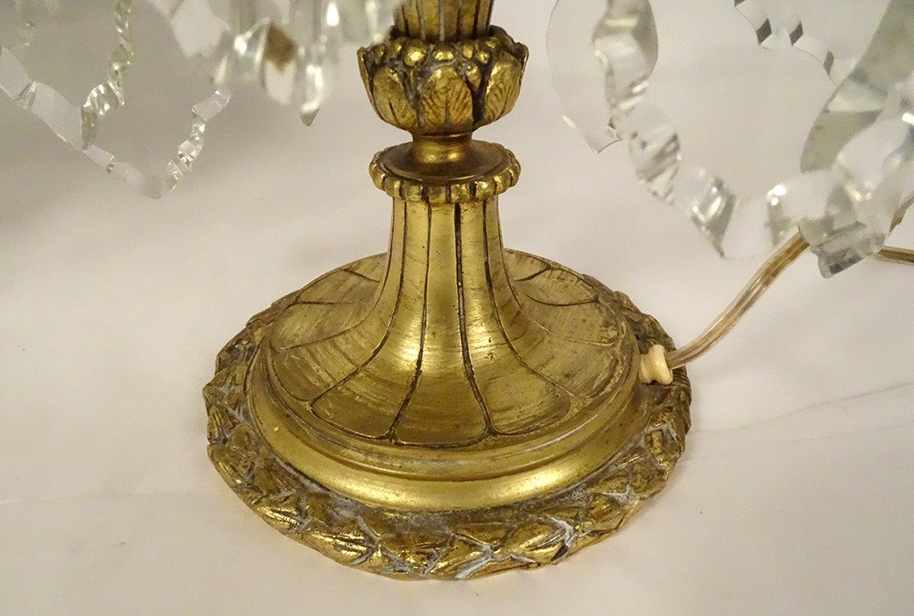 Paire Girandoles 2 Feux Bronze Doré Cristal Taillé Pampilles Fleurs XIXème-photo-2