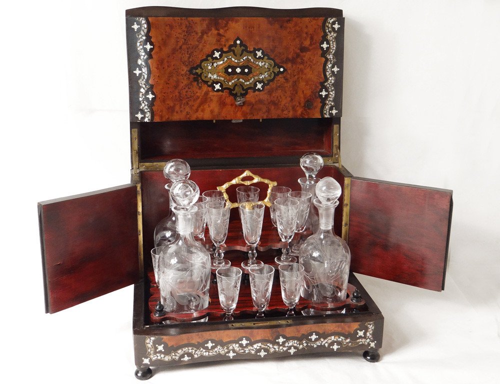 Magnifying Glass Liquor Cellar Amboine Mother-of-pearl Marquetry Baccarat Napiii Carafes 19th Century