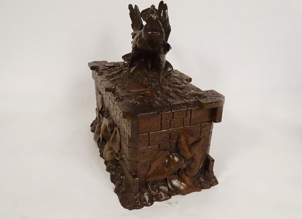 Boîte Coffret Cave à Cigares Bois Sculpté Black Forest Oiseau XIXème Siècle-photo-4