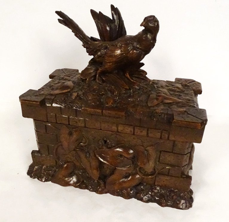 Boîte Coffret Cave à Cigares Bois Sculpté Black Forest Oiseau XIXème Siècle