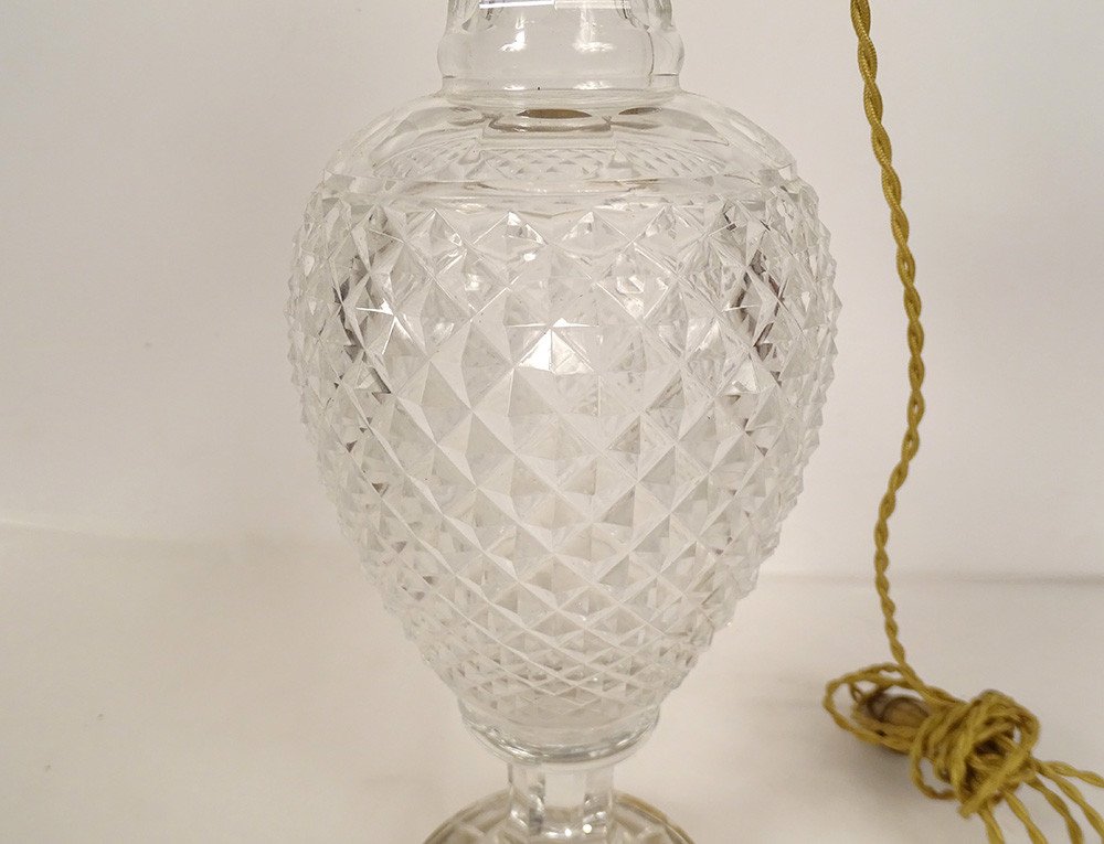 Lampe Empire Vase Balustre Cristal Taillé Pointes Diamant Bronze Doré XXème-photo-2