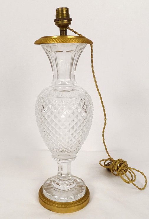 Lampe Empire Vase Balustre Cristal Taillé Pointes Diamant Bronze Doré XXème