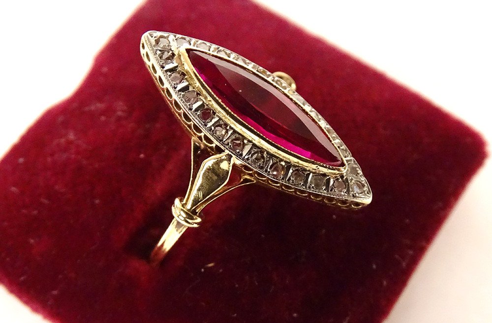 18k Solid Gold Marquise Ring Ruby Stone Small Pink Diamonds Pb 2.94gr 20th-photo-3