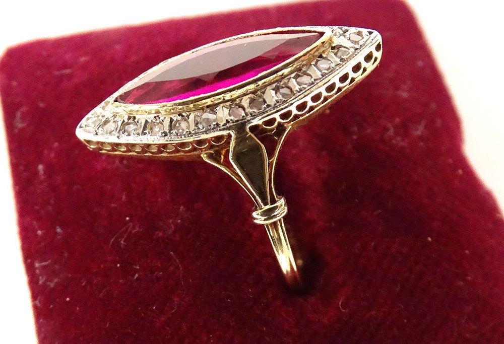 18k Solid Gold Marquise Ring Ruby Stone Small Pink Diamonds Pb 2.94gr 20th-photo-4