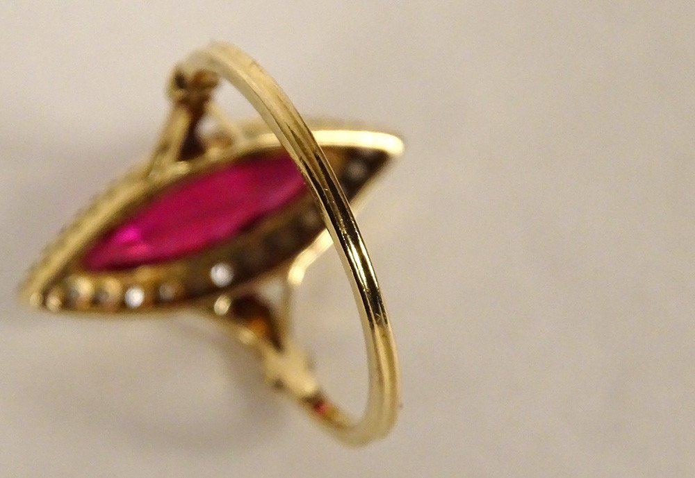 18k Solid Gold Marquise Ring Ruby Stone Small Pink Diamonds Pb 2.94gr 20th-photo-4