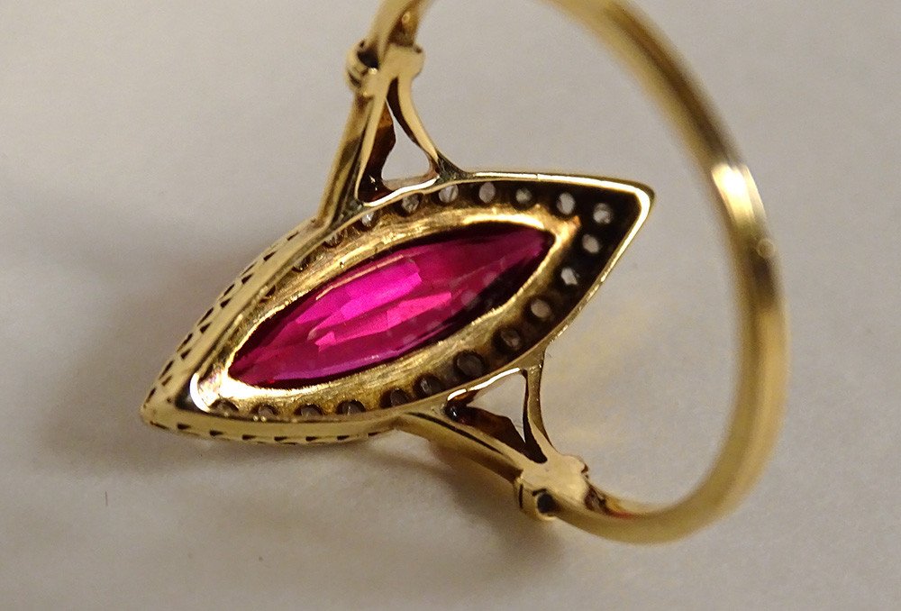 18k Solid Gold Marquise Ring Ruby Stone Small Pink Diamonds Pb 2.94gr 20th-photo-5