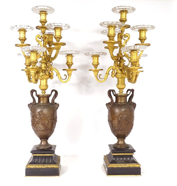 Pair Of Large Candelabra With 7 Bronze Lights Signed Barbedienne, Napoleon III 19th Century