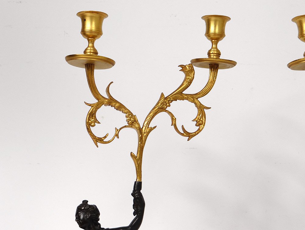 Paire Candélabres 2 Feux Bronze Marbre Carrare Femmes Antiques Aigle XVIIIè-photo-2