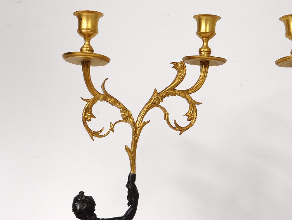 Pair Of Candelabra 2 Lights Bronze Carrara Marble Antique Women Eagle XVIII-photo-2