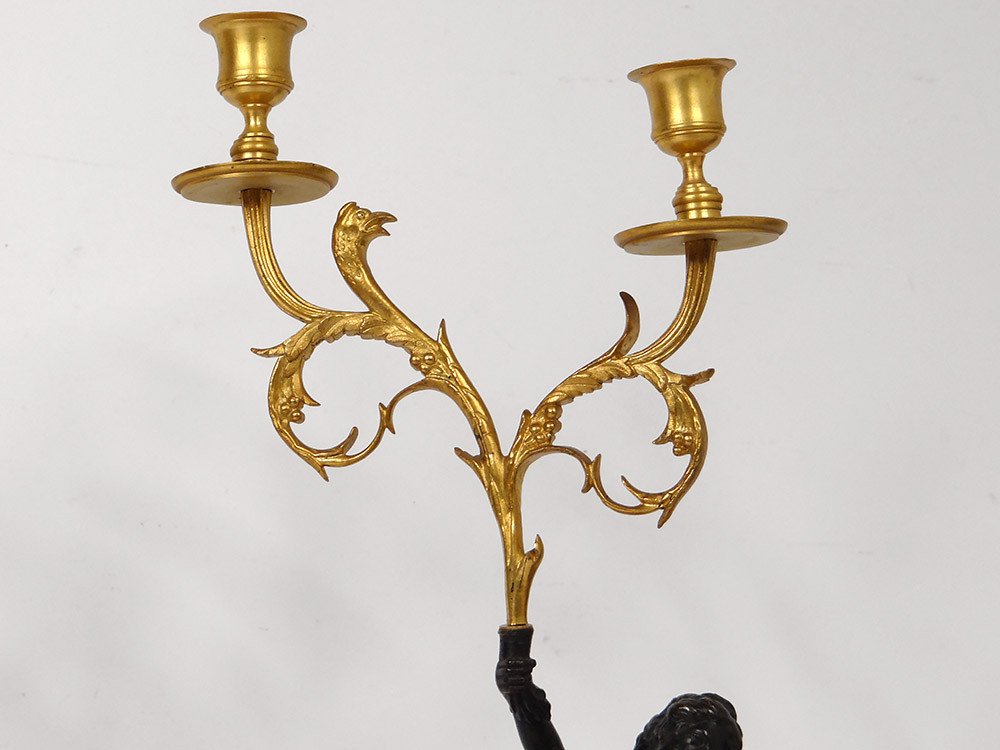 Pair Of Candelabra 2 Lights Bronze Carrara Marble Antique Women Eagle XVIII-photo-1