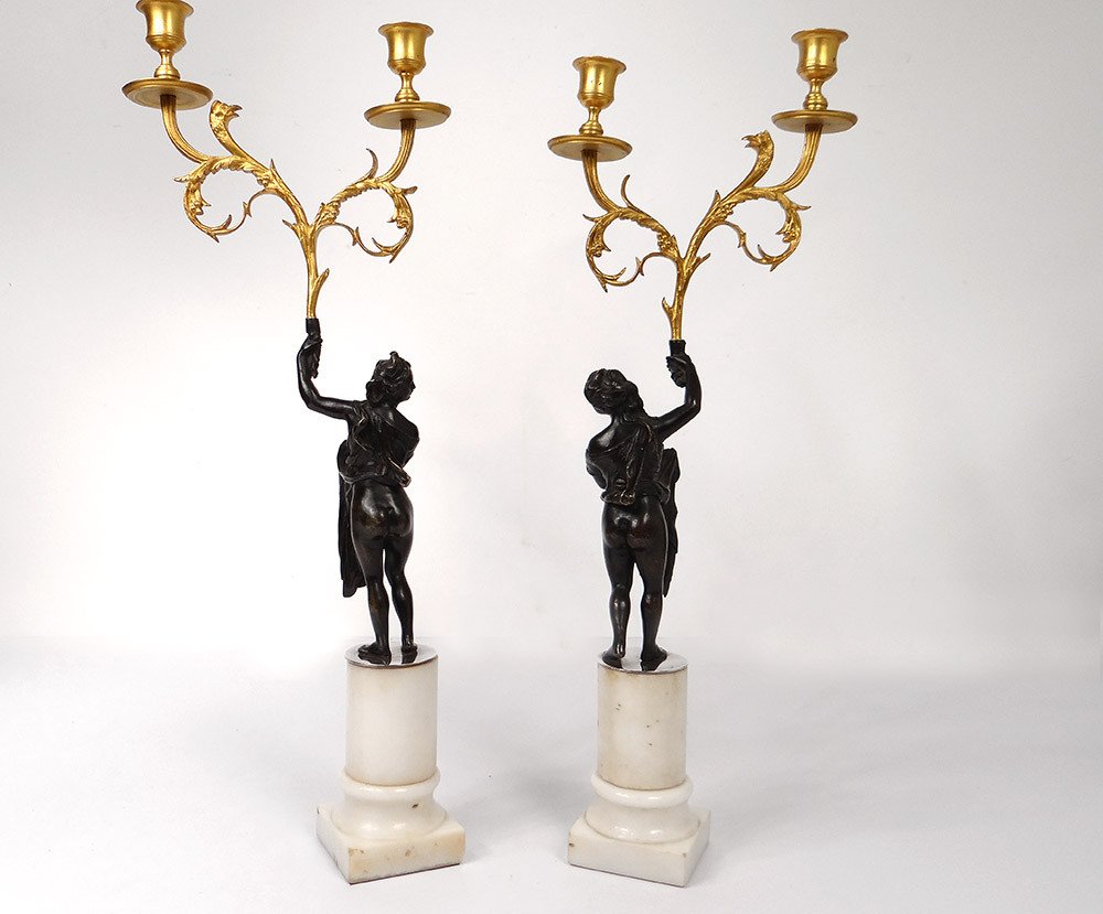 Paire Candélabres 2 Feux Bronze Marbre Carrare Femmes Antiques Aigle XVIIIè-photo-7