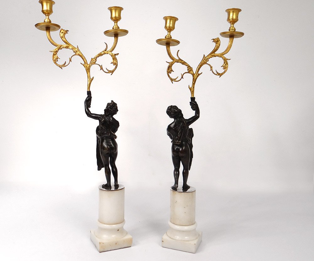 Pair Of Candelabra 2 Lights Bronze Carrara Marble Antique Women Eagle XVIII-photo-7