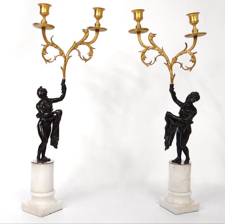 Paire Candélabres 2 Feux Bronze Marbre Carrare Femmes Antiques Aigle XVIIIè
