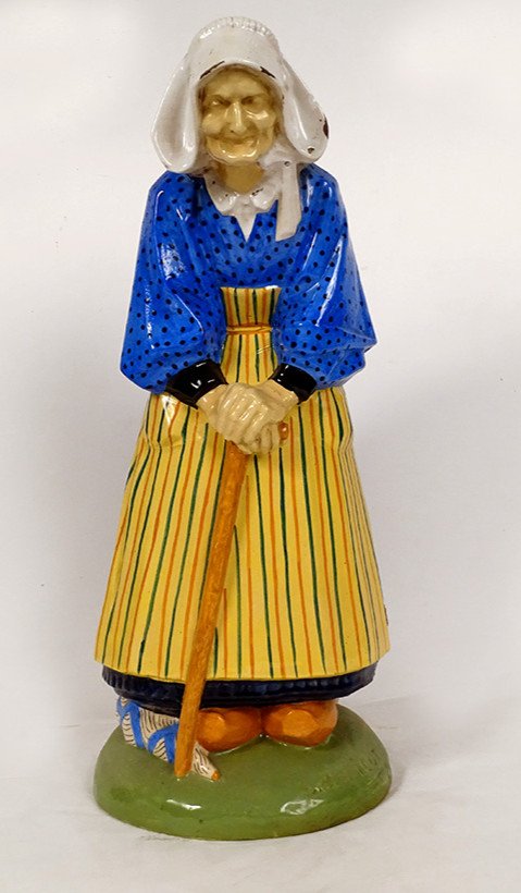 Large Nicot Earthenware Sculpture Henriot Quimper Old Distaff Woman 20th