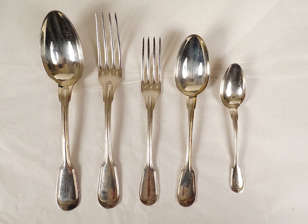 Ménagère 62PC Couverts Métal Argenté Christofle Modèle Filet Coffret XXème-photo-1