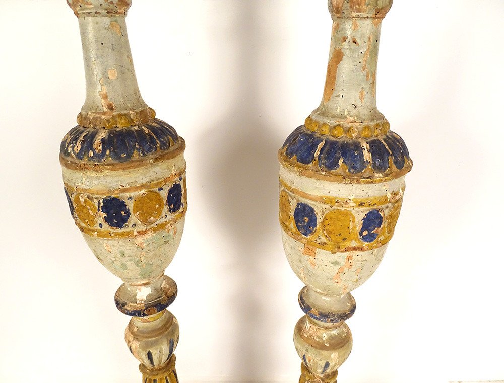 Pair Of Large Polychrome Carved Wood Candlesticks 16th And 17th Century Candlesticks-photo-3
