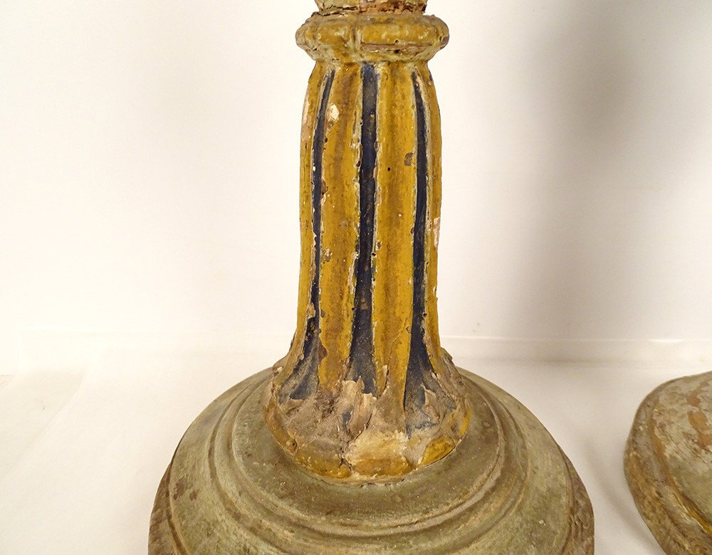 Pair Of Large Polychrome Carved Wood Candlesticks 16th And 17th Century Candlesticks-photo-2