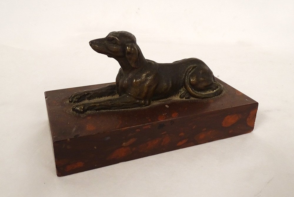 Paperweight Bronze Sculpture Lying Dog Shorthaired Pointer Red Marble Griotte 19th-photo-2