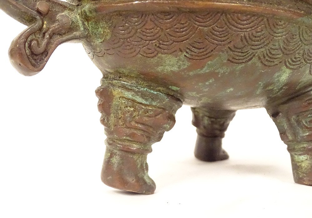 Zoomorphic Tripod Libation Jug Vase Bronze China Animal Taotié XVIIth-photo-3