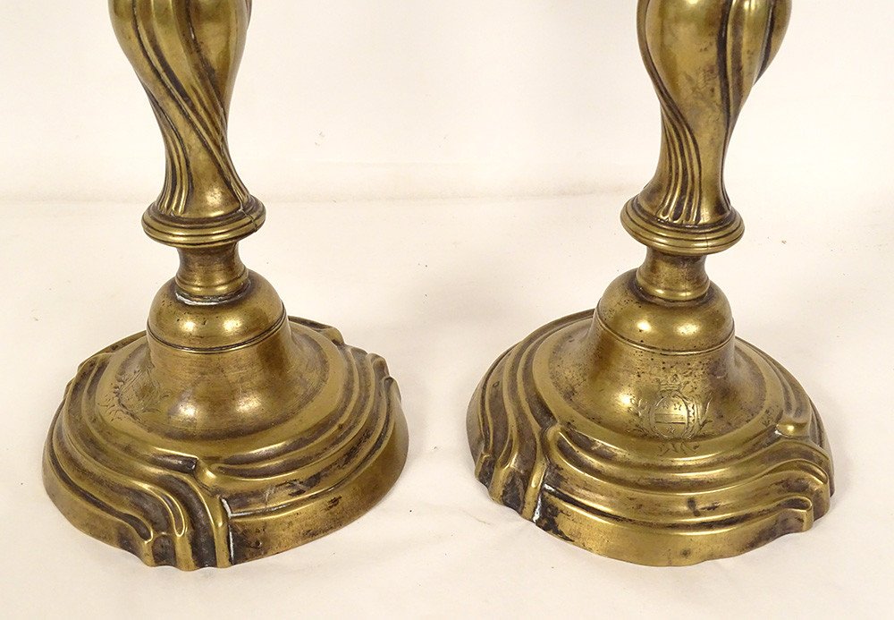 Pair Of Louis XV Candlesticks Coat Of Arms Bronze Flambeaux XVIIIth Century-photo-3