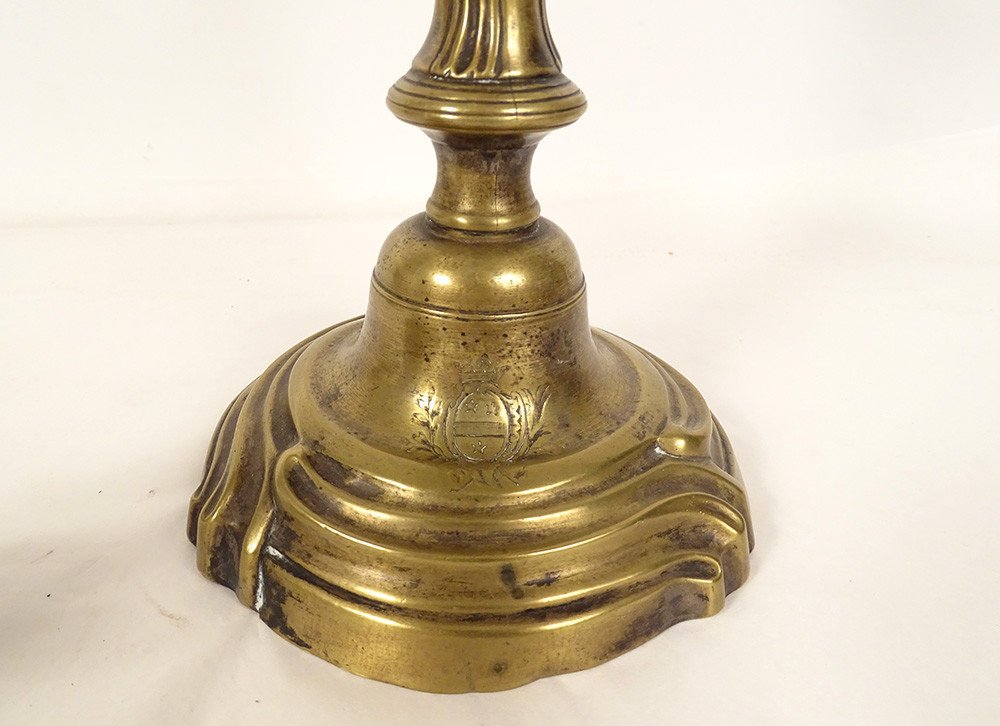 Pair Of Louis XV Candlesticks Coat Of Arms Bronze Flambeaux XVIIIth Century-photo-5