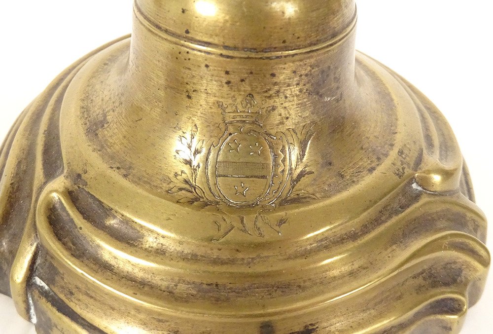 Pair Of Louis XV Candlesticks Coat Of Arms Bronze Flambeaux XVIIIth Century-photo-6