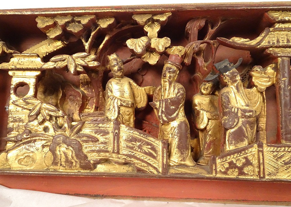 Panneau Haut-relief Bois Sculpté Doré Personnages Palais Temple Chine XIXè-photo-3