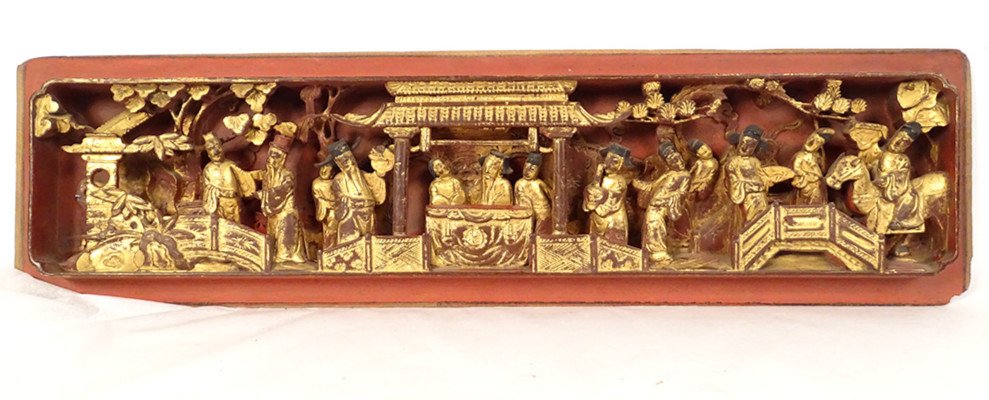 Panneau Haut-relief Bois Sculpté Doré Personnages Palais Temple Chine XIXè