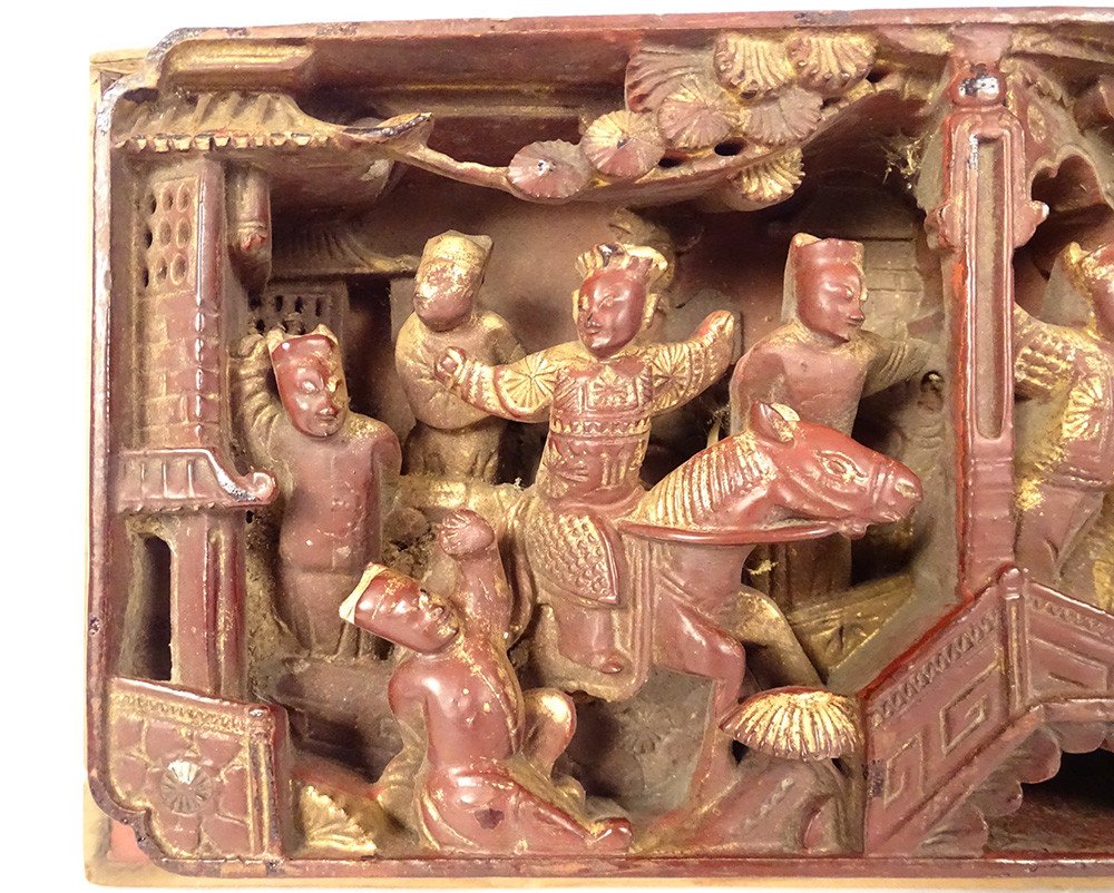 High-relief Panel Carved Gilded Wood Horseman Characters China 19th-photo-2
