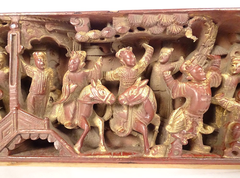 High-relief Panel Carved Gilded Wood Horseman Characters China 19th-photo-3