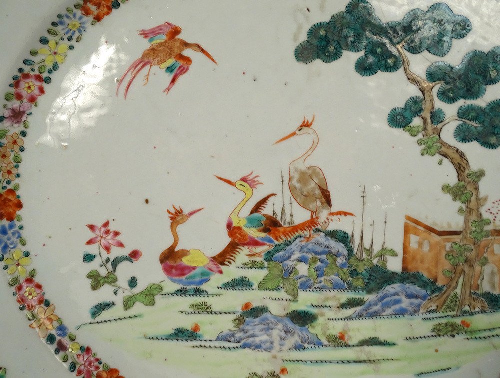 Oval Porcelain Dish Compagnie Des Indes Birds Herons Flowers XVIIIth-photo-2