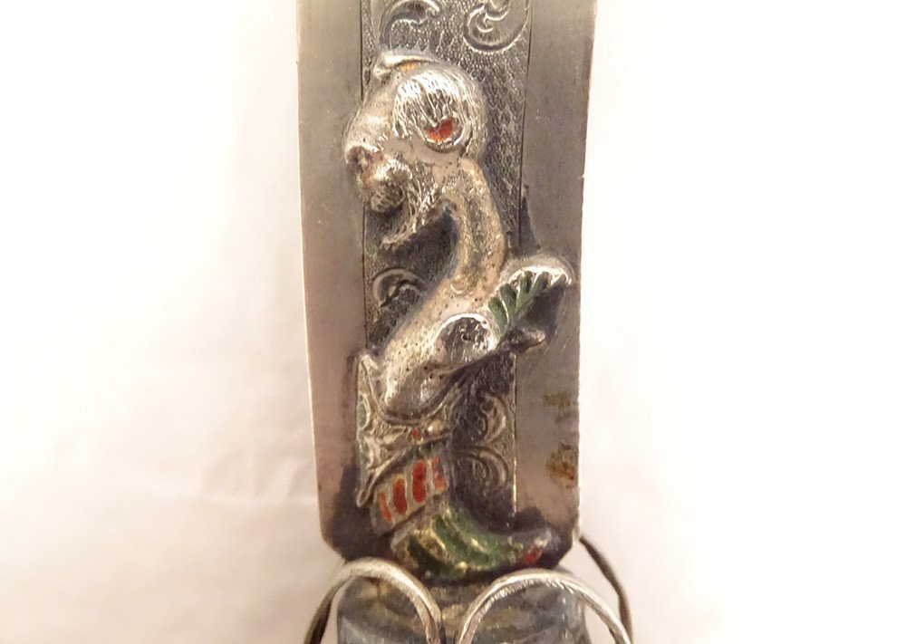 Paper Opener Foreign Silver Feline Head Turquoise Enamels Chimeras 19th Century-photo-3