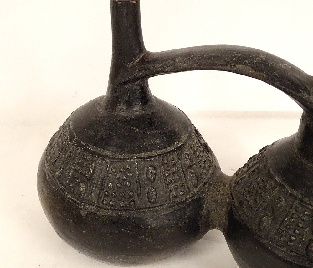 Double Pre-columbian Zooomorph Whistling Vase Chimu Peru Black Terracotta-photo-2
