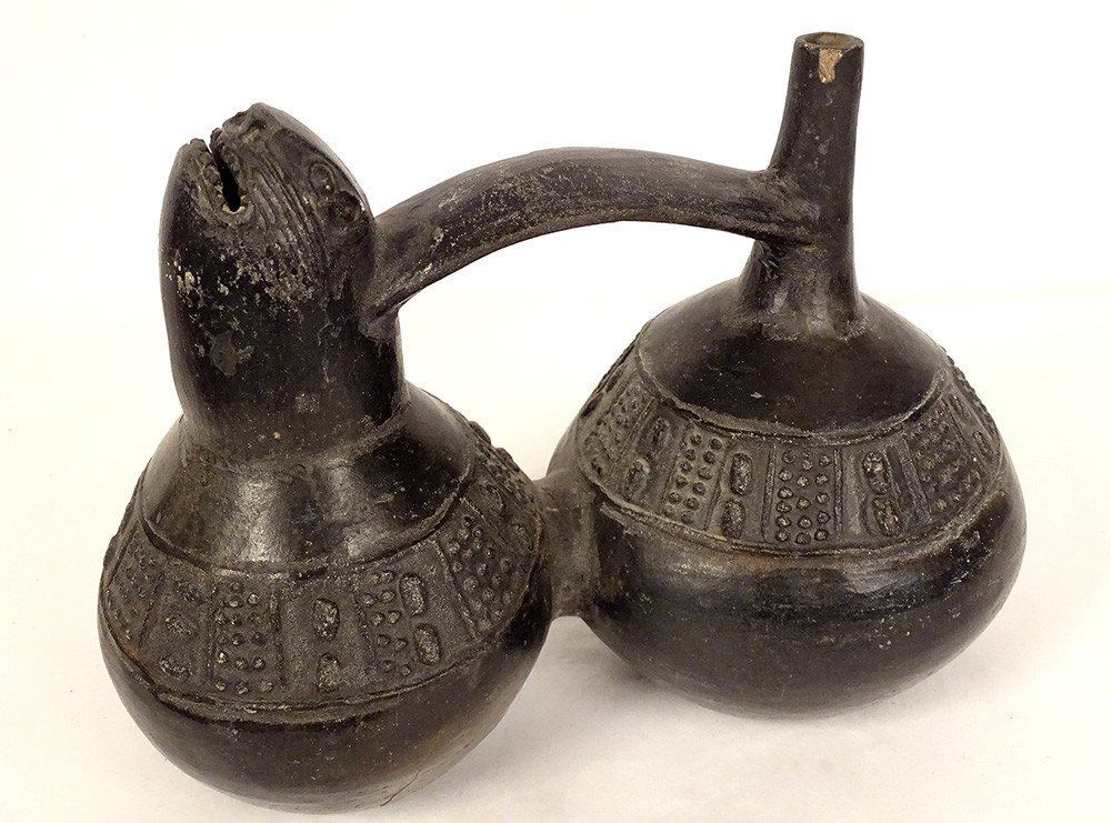 Double Pre-columbian Zooomorph Whistling Vase Chimu Peru Black Terracotta-photo-3
