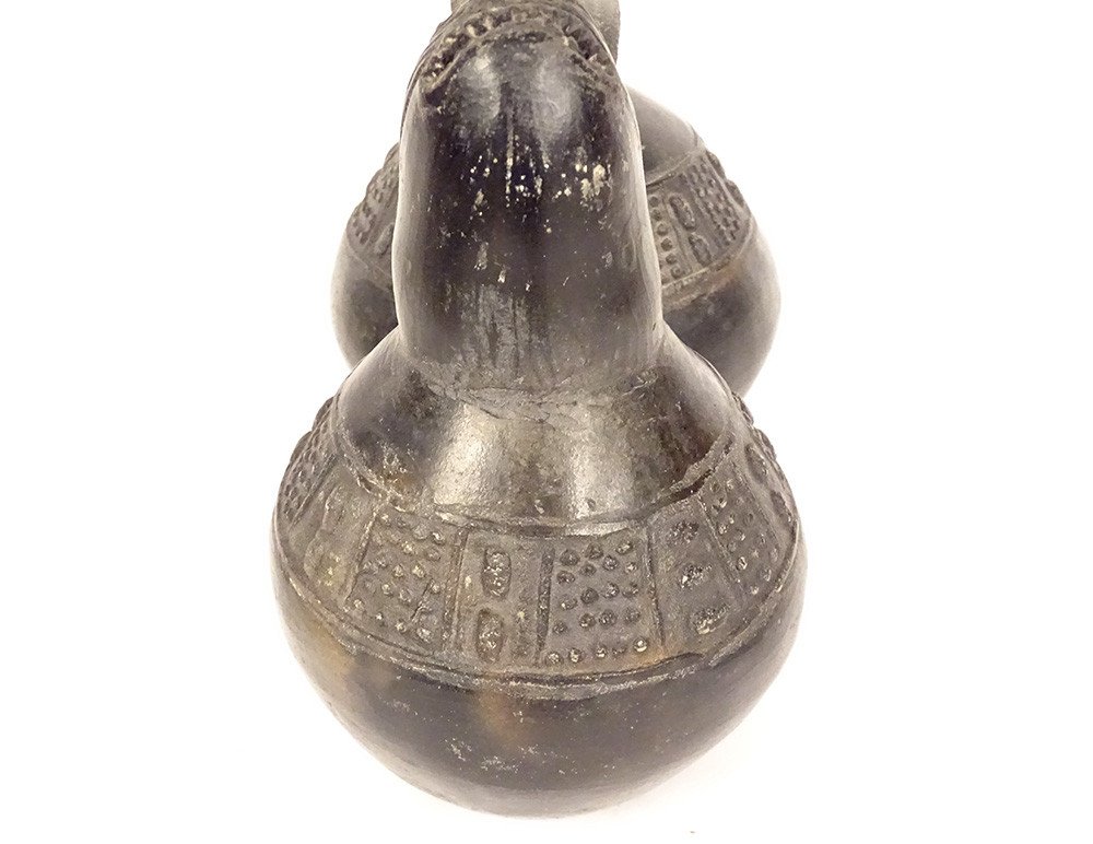 Double Pre-columbian Zooomorph Whistling Vase Chimu Peru Black Terracotta-photo-4