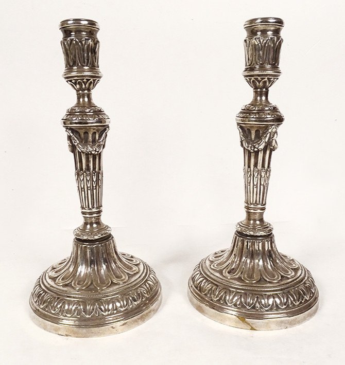 Pair Of Louis XVI Candlesticks Silver Bronze Torches Garlands 18th Century