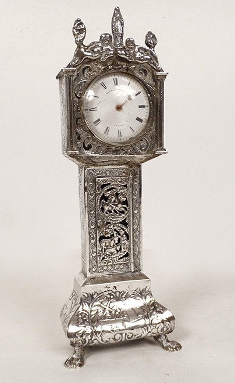 Horloge de Parquet Miniature Argent Massif Hollandais Vierge Vénus XIXème