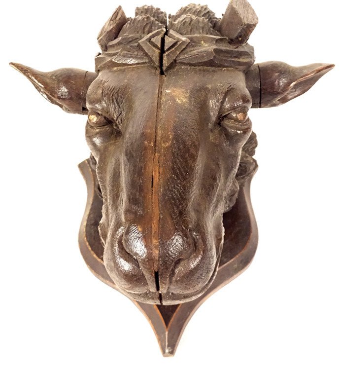 Hunting Trophy Sculpture Carved Wood Black Forest Ram Head 19th