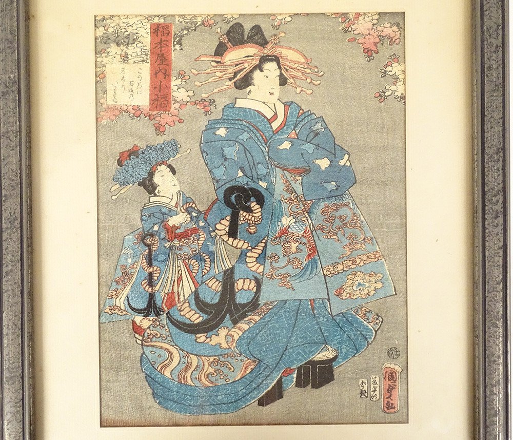 Japanese Print Ukiyo-e Kuniyoshi Courtesan Oiran Kamuro Woman Edo Nineteenth-photo-2