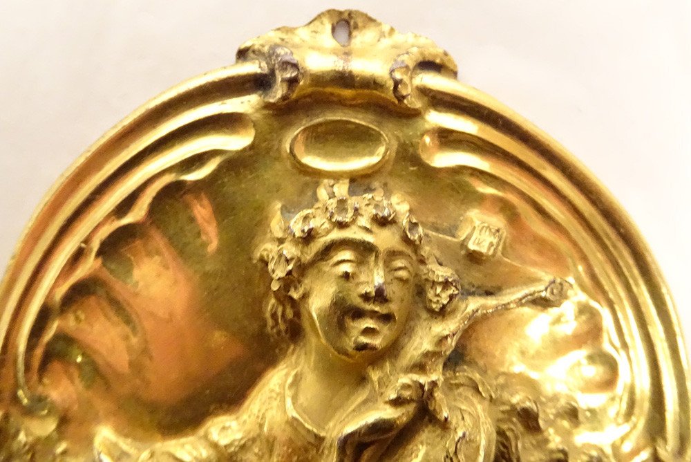 Brass Medallion Plaque Saint Catherine Alexandria Crown Scepter XVIIth-photo-1