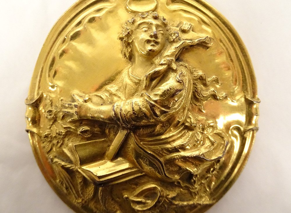 Brass Medallion Plaque Saint Catherine Alexandria Crown Scepter XVIIth-photo-3