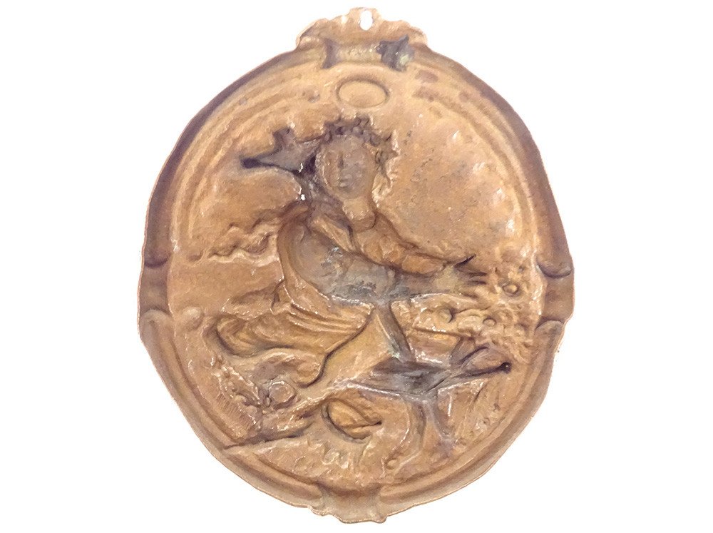 Brass Medallion Plaque Saint Catherine Alexandria Crown Scepter XVIIth-photo-4