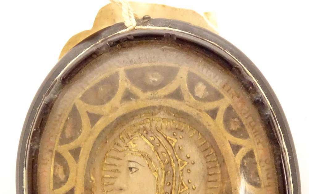 Reliquary Medallion Agnus Dei Virgin Jesus Christ Saints Wax Horn 19th-photo-3