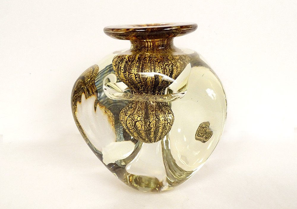 Triangular Vase Jean-claude Novaro Blown Glass Gold Leaves 1983 20th-photo-2