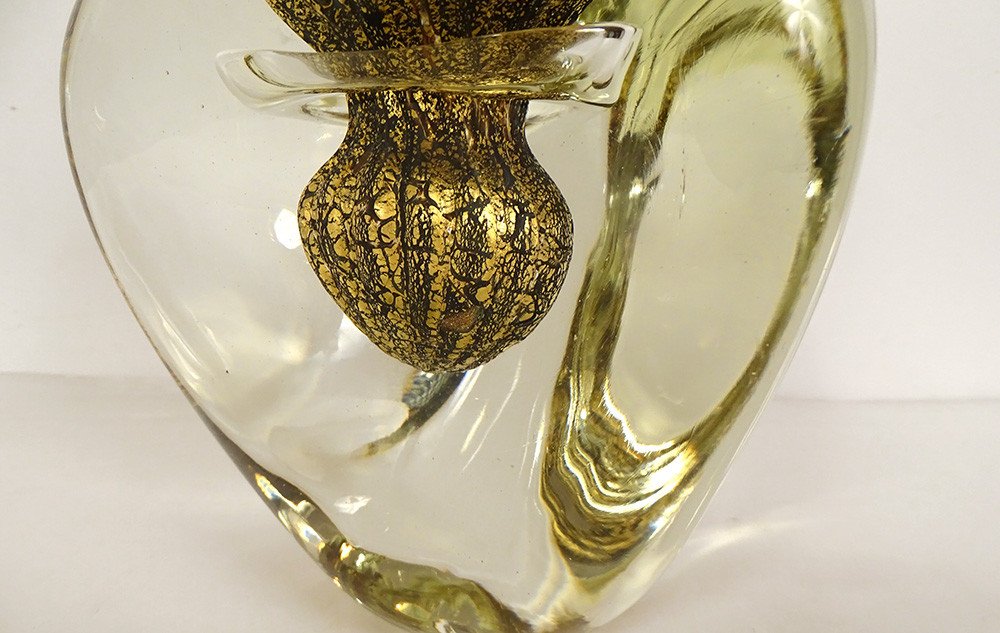 Triangular Vase Jean-claude Novaro Blown Glass Gold Leaves 1983 20th-photo-2