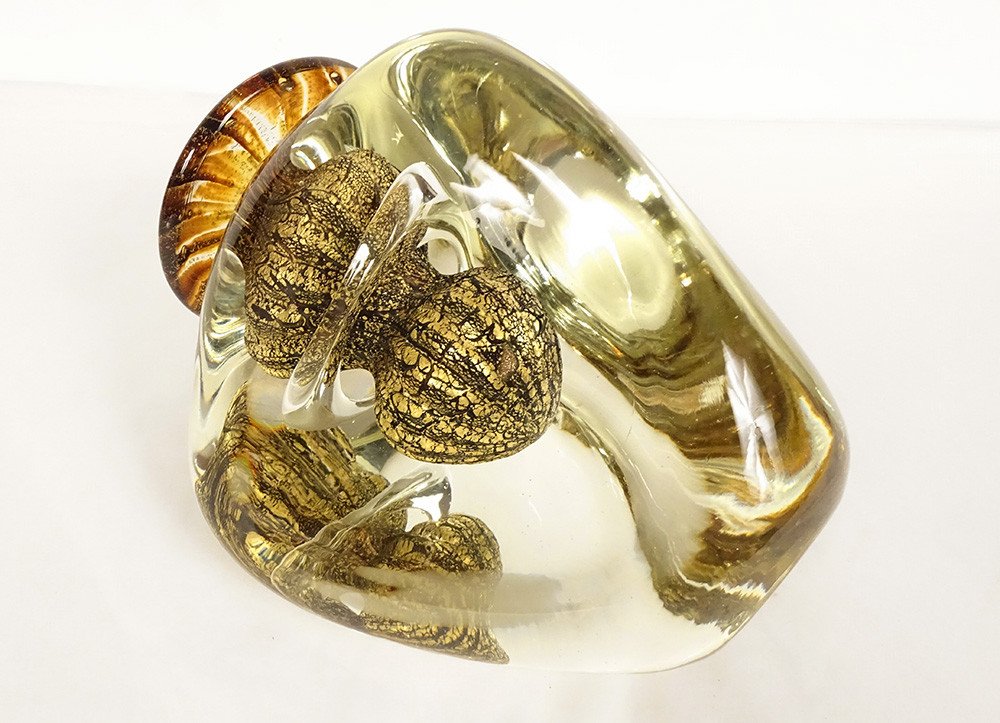 Triangular Vase Jean-claude Novaro Blown Glass Gold Leaves 1983 20th-photo-3
