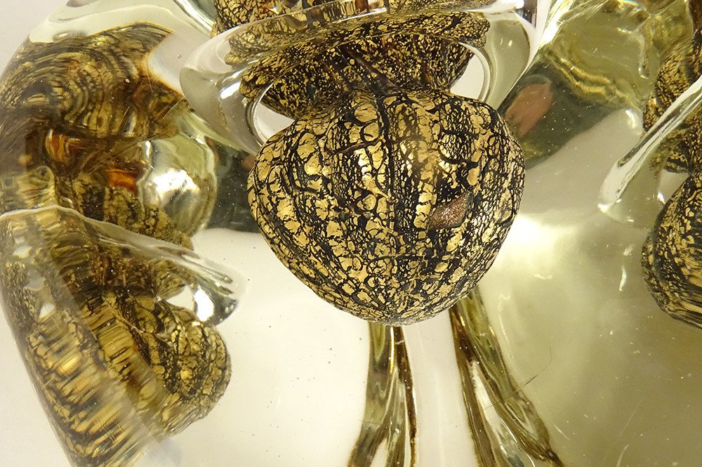 Triangular Vase Jean-claude Novaro Blown Glass Gold Leaves 1983 20th-photo-4